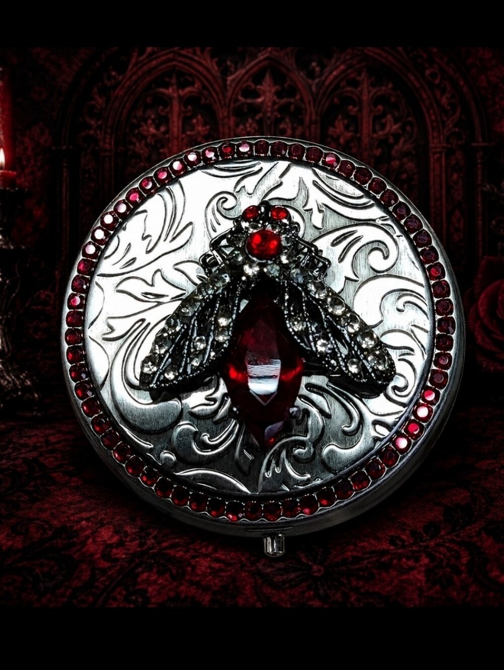 Ruby Blood Red Insect Pill Box Case NEW Swarovski Elements Bug Moth Fly Gothic